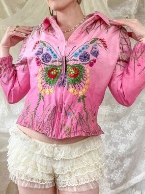 Vintage Anage Pink Silk Embroidered Sequin Butterfly Jacket